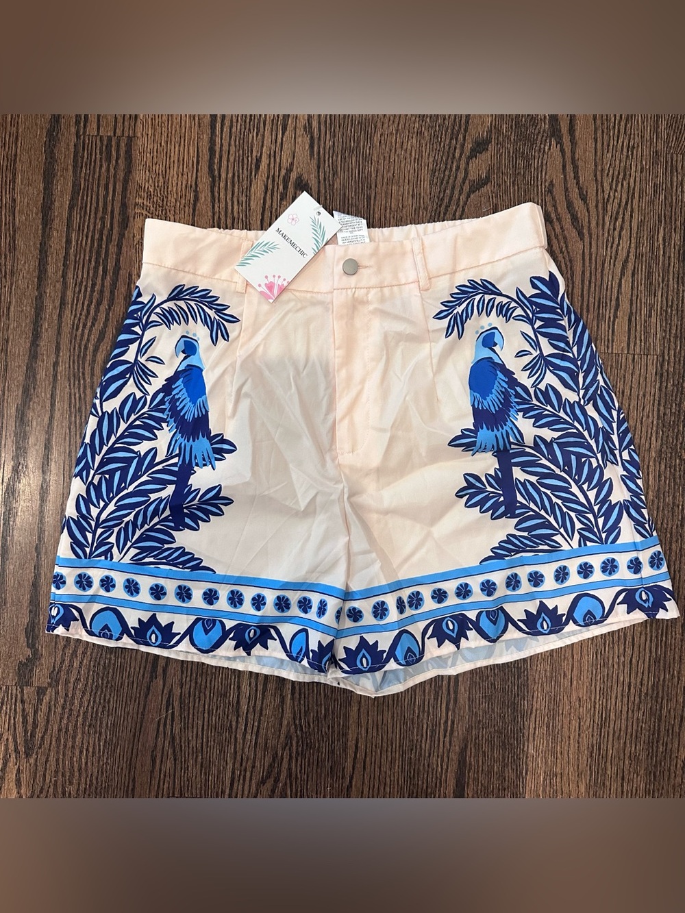 New Amazon Unbranded Silky Dress Shorts Tropical Burt’s Print Blue And Cream L